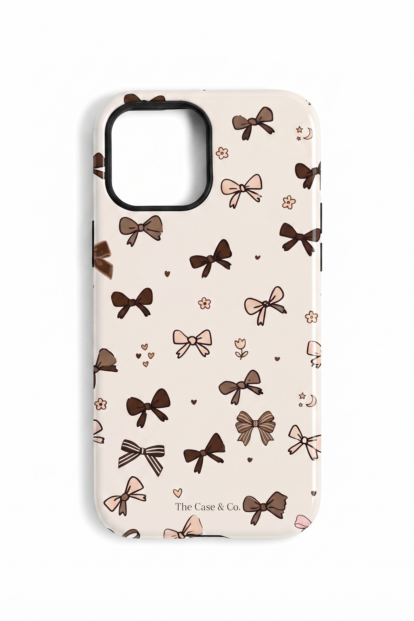 iPhone Cloud Skin Case – Cute Cocoa Bows Print | Premium 3D Hard Shell | Gloss Finish | 14-17 Series