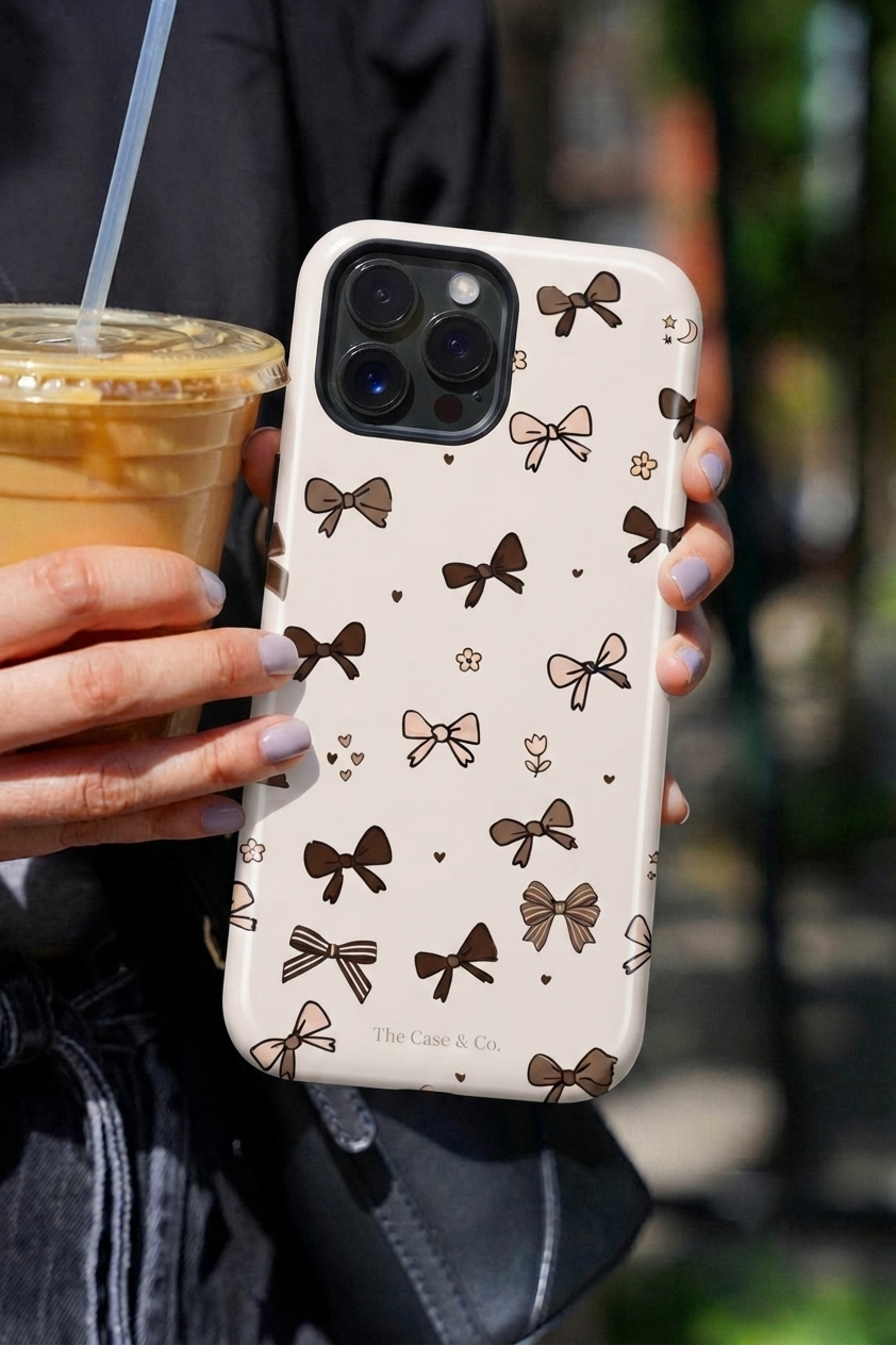 iPhone Cloud Skin Case – Cute Cocoa Bows Print | Premium 3D Hard Shell | Gloss Finish | 14-17 Series