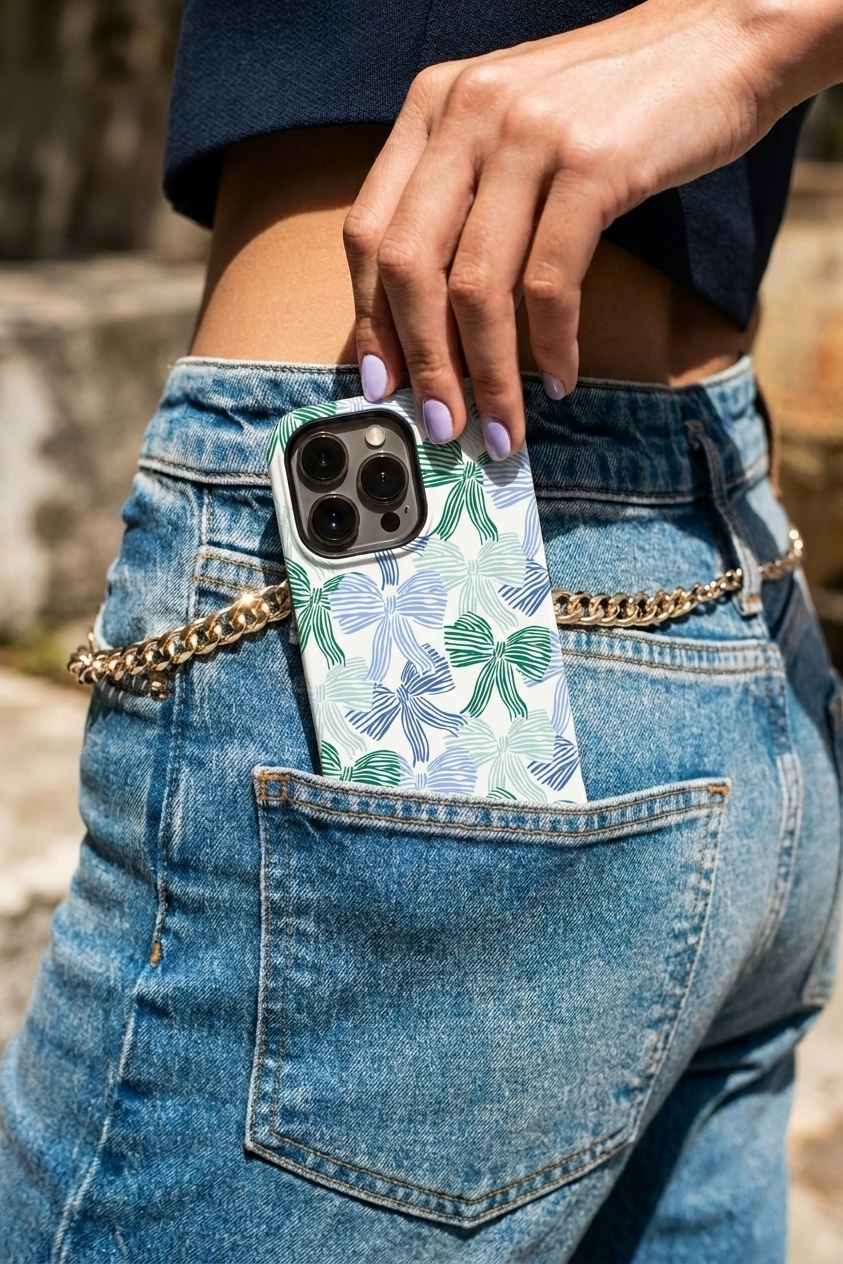 iPhone Cloud Skin Case – Misty Ribbon Print | Premium 3D Hard Shell | Gloss Finish | 14-17 Series