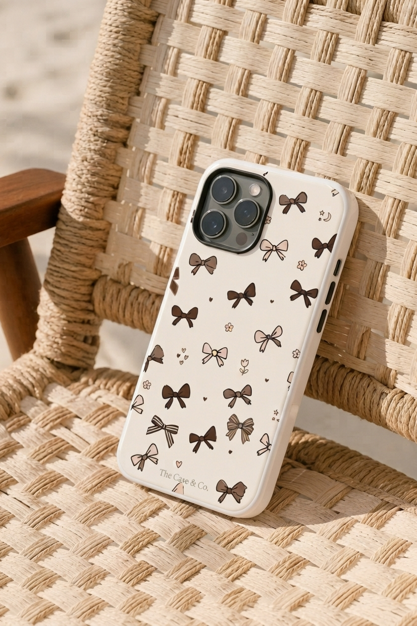 iPhone Cloud Skin Case – Cute Cocoa Bows Print | Premium 3D Hard Shell | Gloss Finish | 14-17 Series
