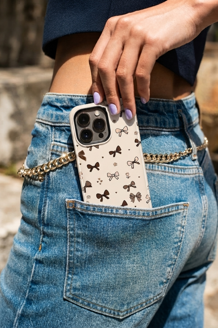 iPhone Cloud Skin Case – Cute Cocoa Bows Print | Premium 3D Hard Shell | Gloss Finish | 14-17 Series