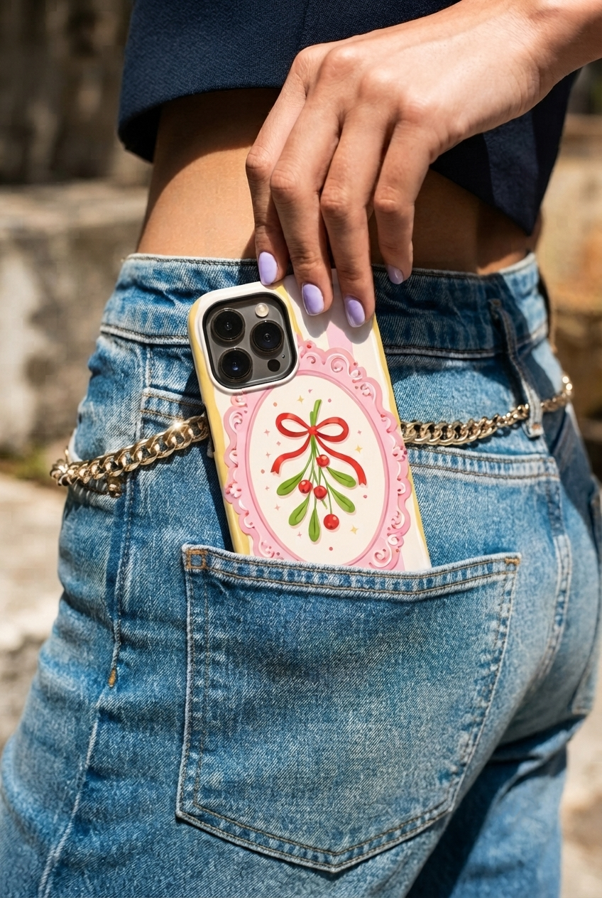 iPhone Cloud Skin Case – Pink Noel Print | Premium 3D Hard Shell | Gloss Finish | 14-17 Series