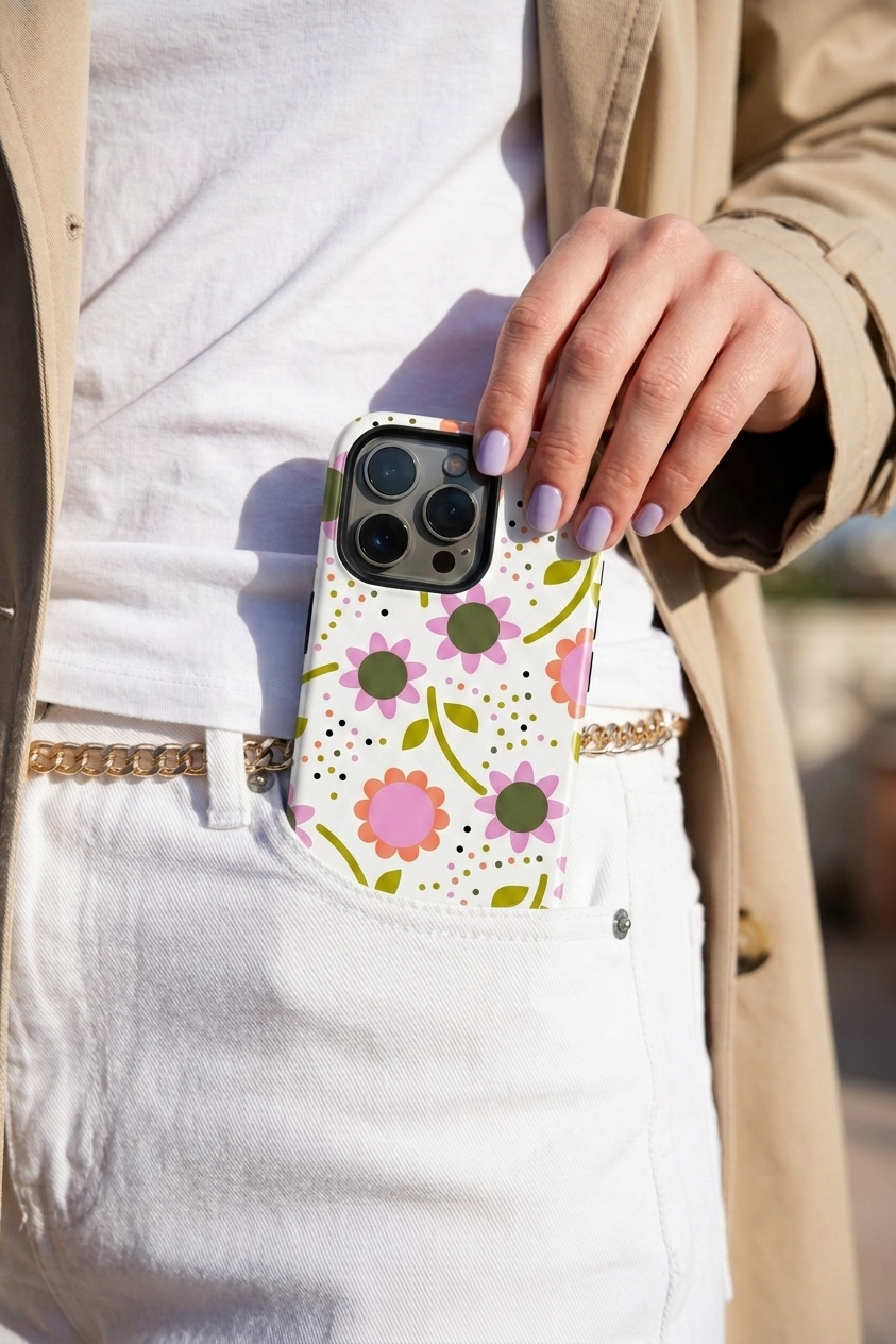 iPhone Cloud Skin Case – Daisy Doodle Print | Premium 3D Hard Shell | Gloss Finish | 14-17 Series