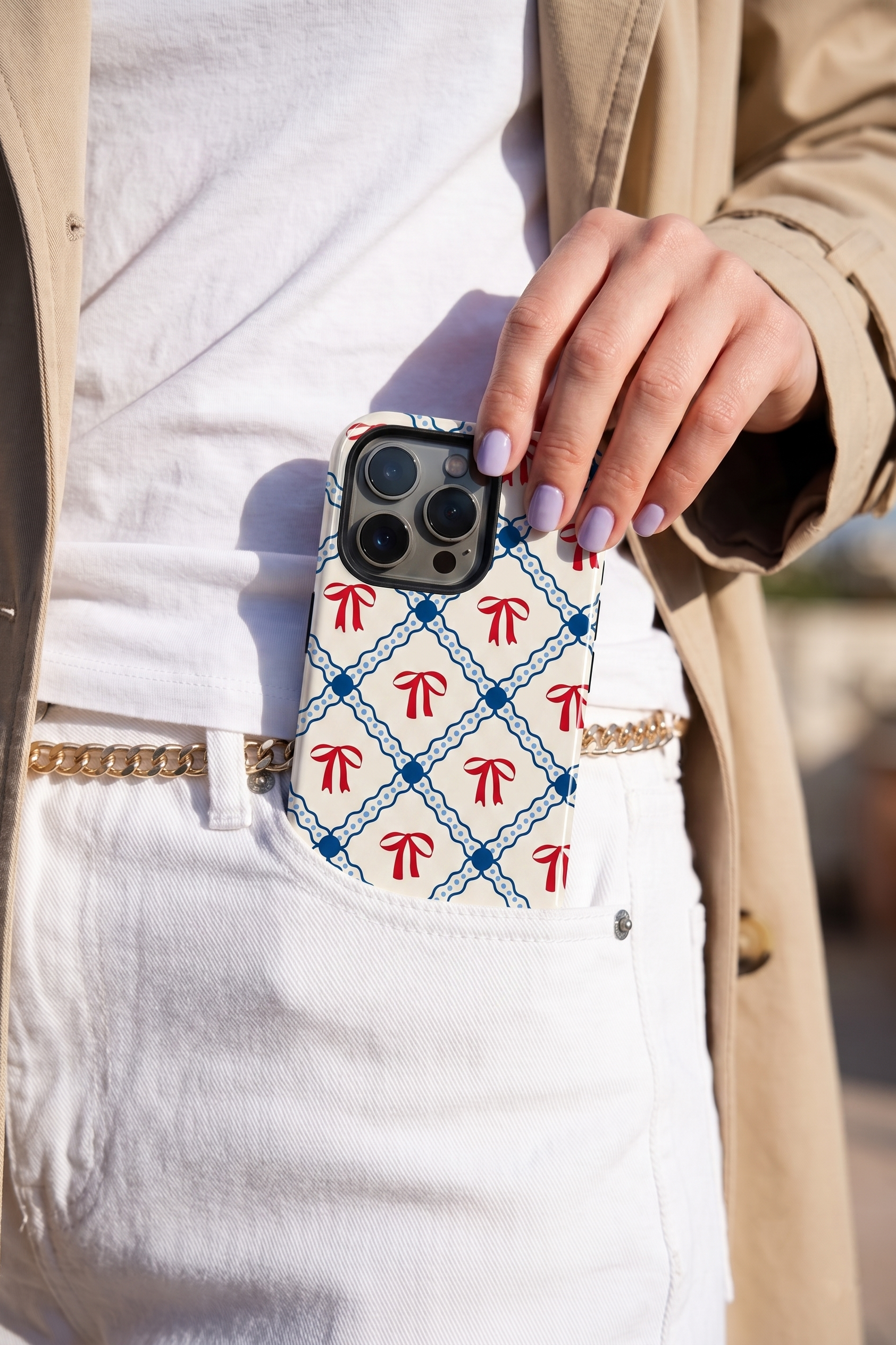 iPhone Cloud Skin Case – Signature Bow Motif Print | Premium 3D Hard Shell | Gloss Finish | 14-17 Series