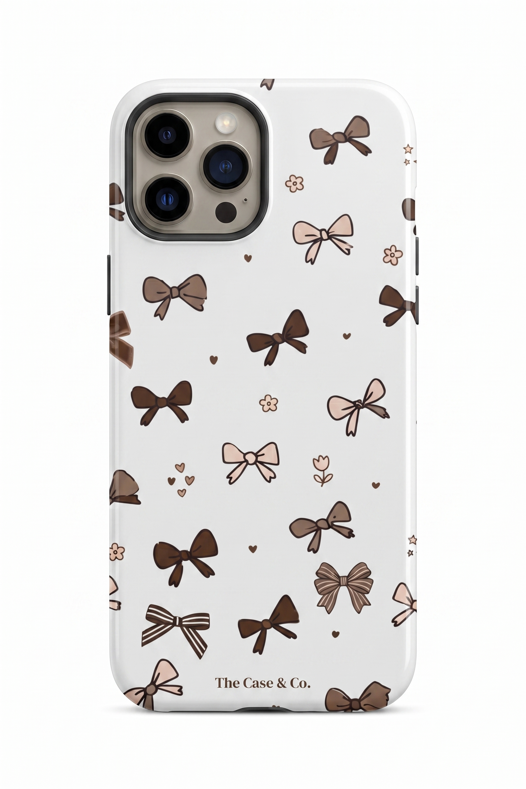 iPhone Cloud Skin Case – Cute Cocoa Bows Print | Premium 3D Hard Shell | Gloss Finish | 14-17 Series