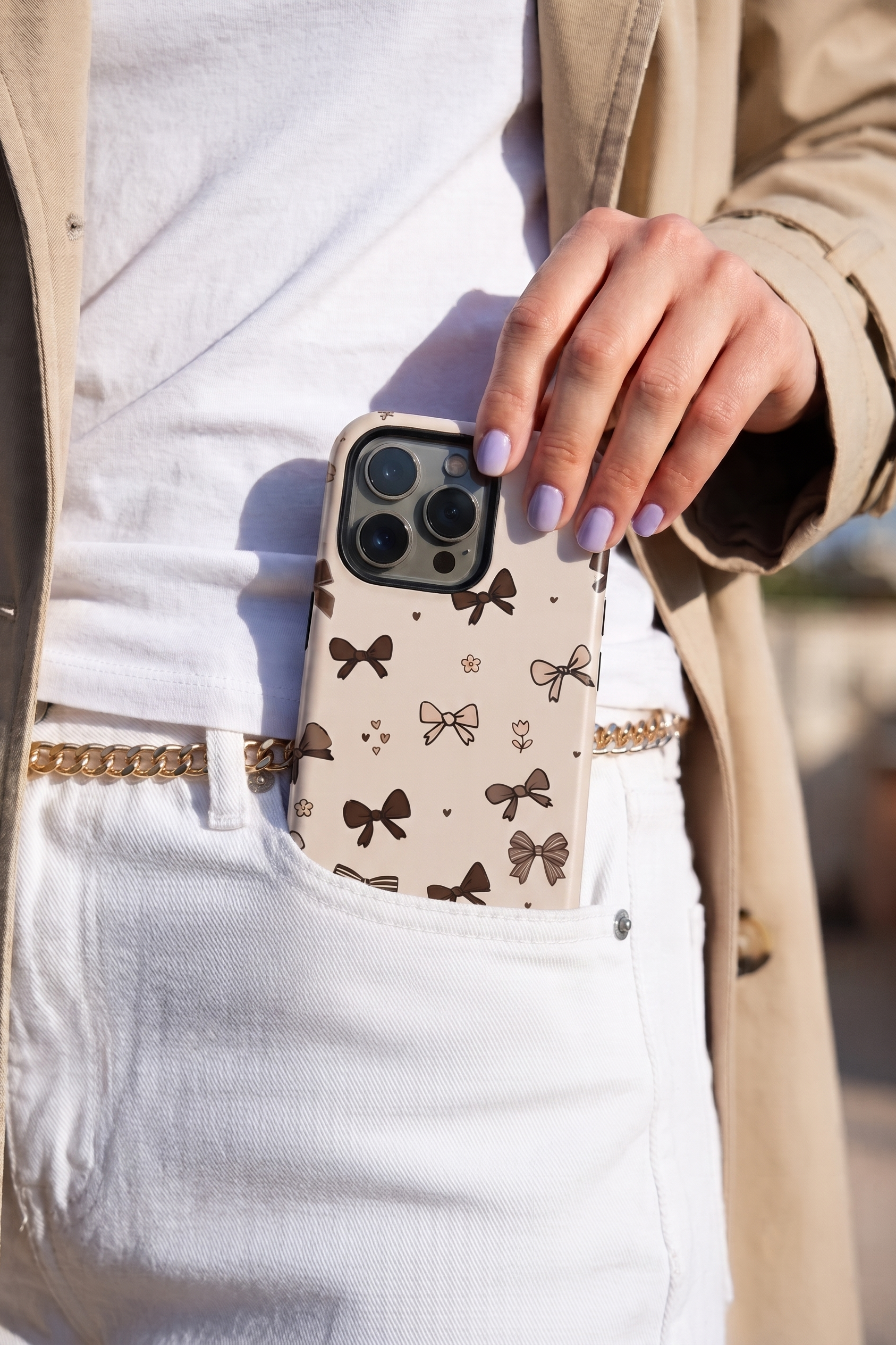iPhone Cloud Skin Case – Cute Cocoa Bows Print | Premium 3D Hard Shell | Gloss Finish | 14-17 Series