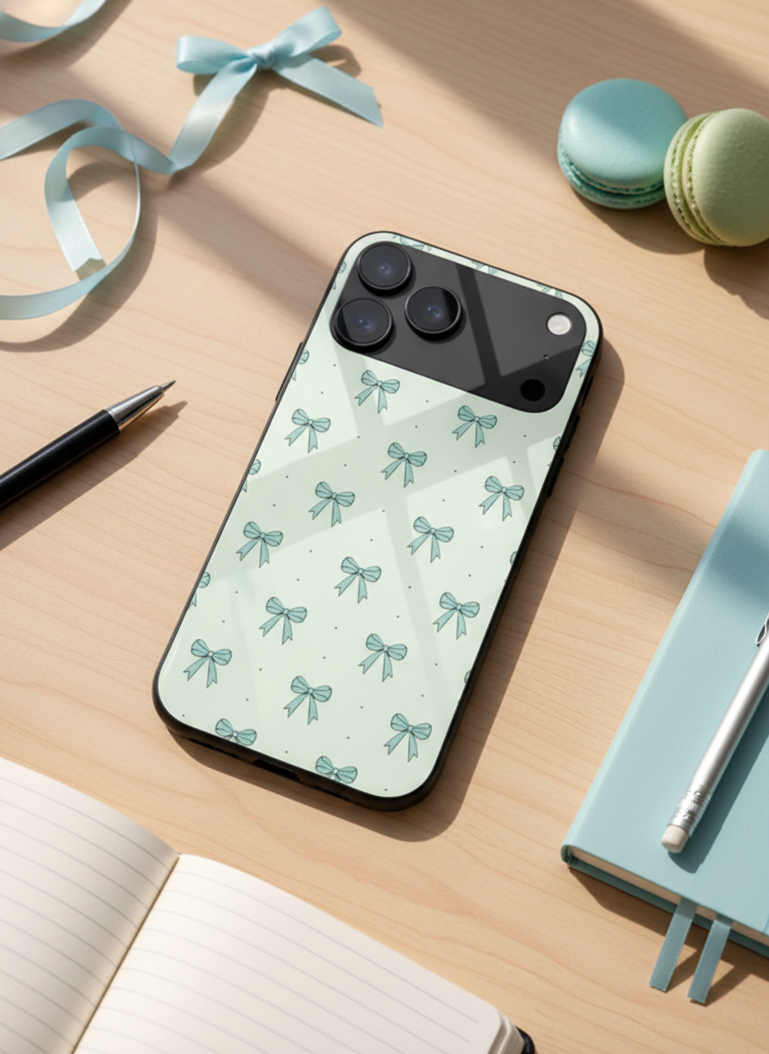 Aesthetic Green Bows Premium Glass Back Cover For iPhone 14-17 Models The Case & Co India