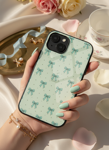 Aesthetic Green Bows Mono Frame Glass Back Cover For iPhone 14-17 Models