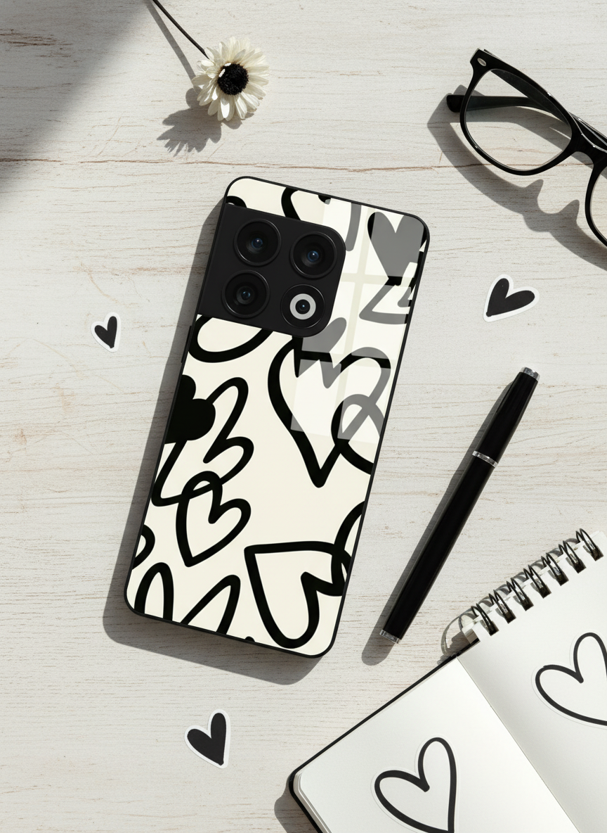 Black Hearts Premium Glass Back Cover For One Plus 13, 12, 11, 10 The Case & Co India