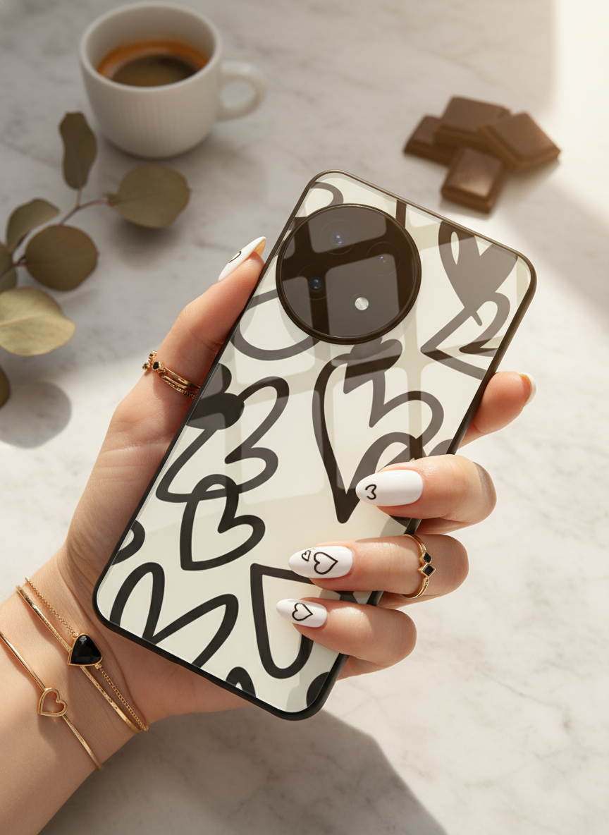 Black Hearts Premium Glass Back Cover For One Plus 13, 12, 11, 10 The Case & Co India