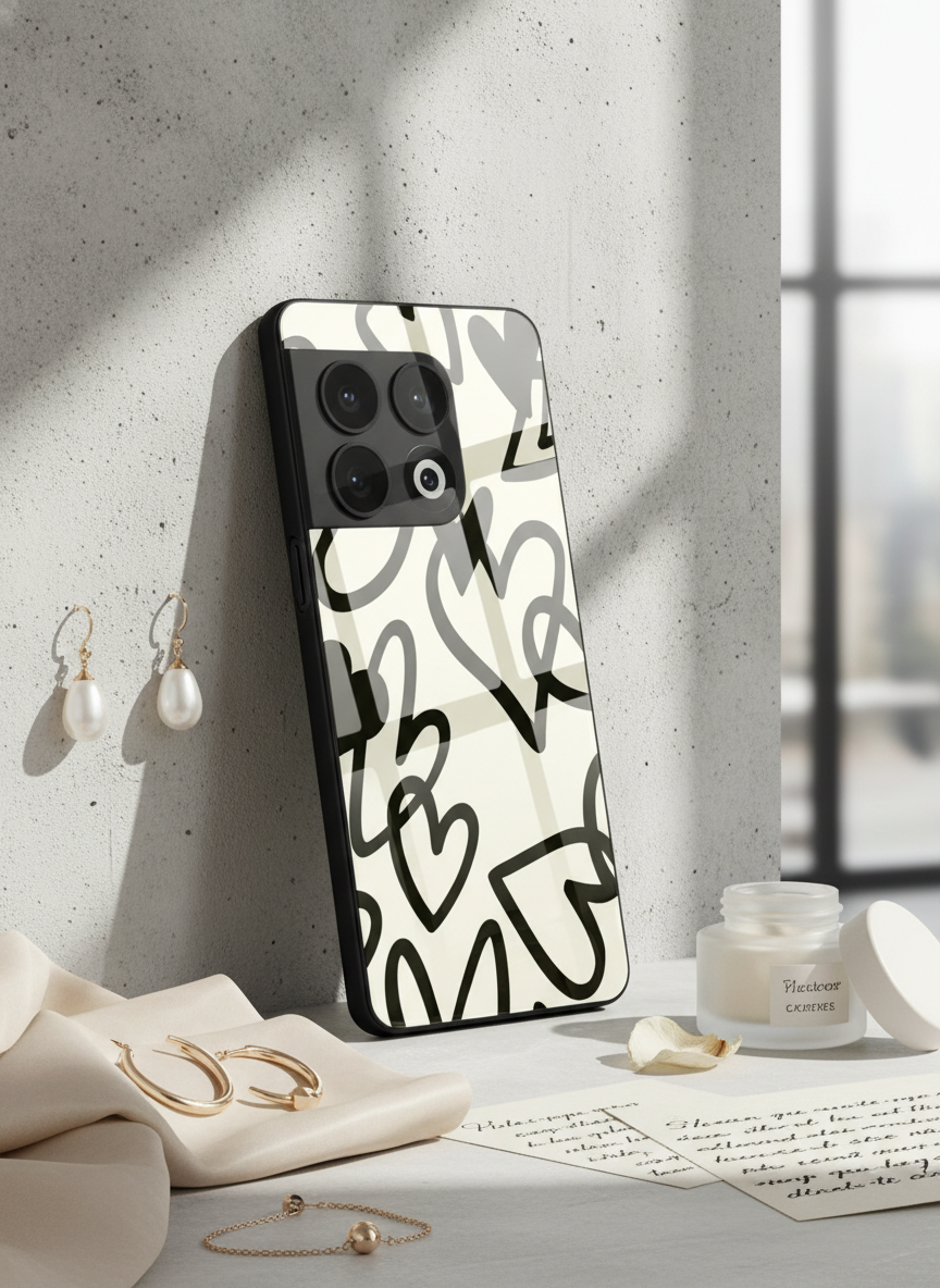 Black Hearts Premium Glass Back Cover For One Plus 13, 12, 11, 10 The Case & Co India