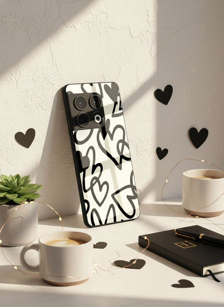 Black Hearts Premium Glass Back Cover For One Plus 13, 12, 11, 10 The Case & Co India