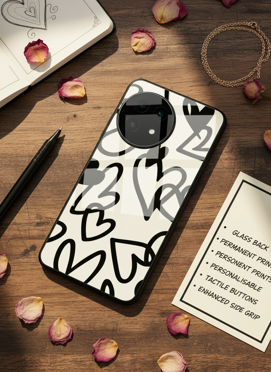 Black Hearts Premium Glass Back Cover For One Plus 13, 12, 11, 10 The Case & Co India