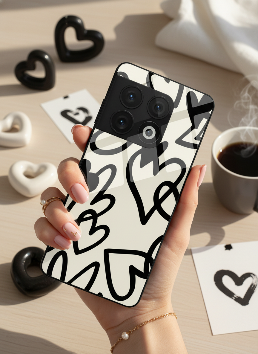 Black Hearts Premium Glass Back Cover For One Plus 13, 12, 11, 10 The Case & Co India