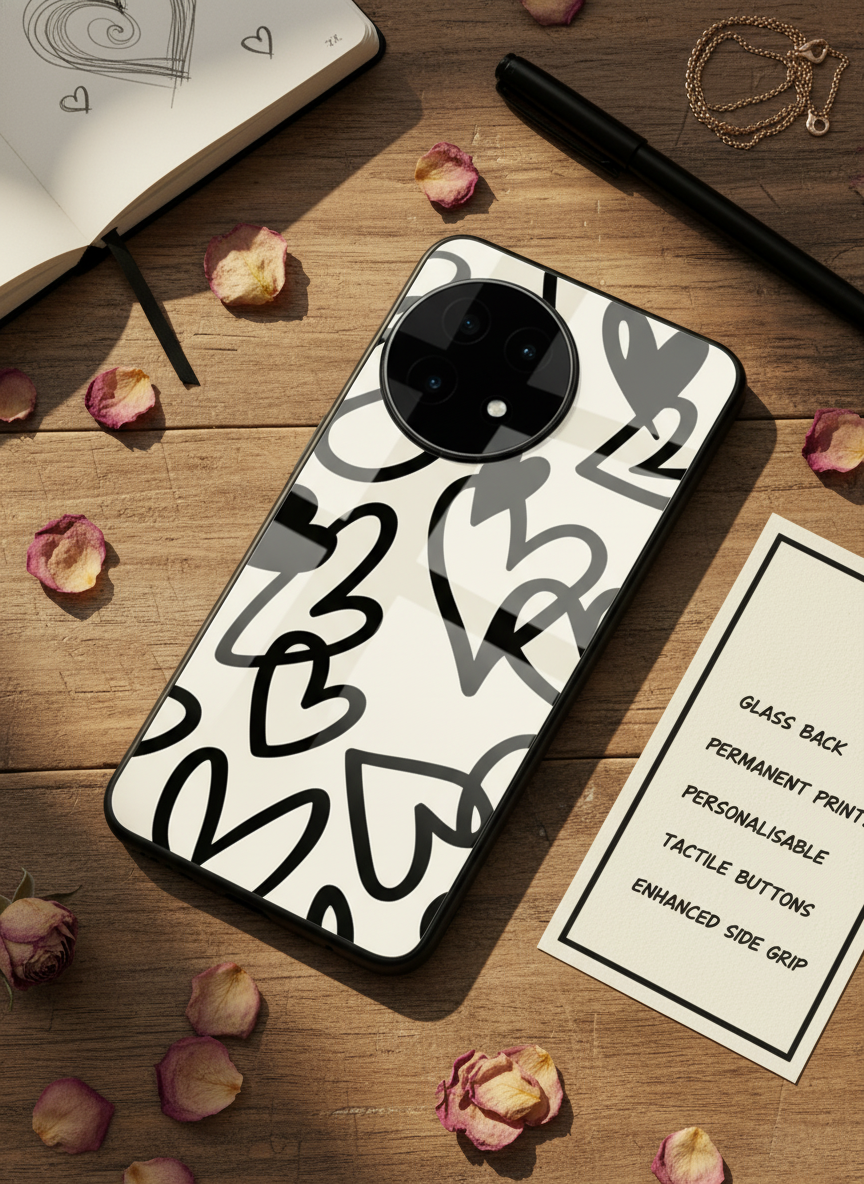 Black Hearts Premium Glass Back Cover For One Plus 13, 12, 11, 10 The Case & Co India
