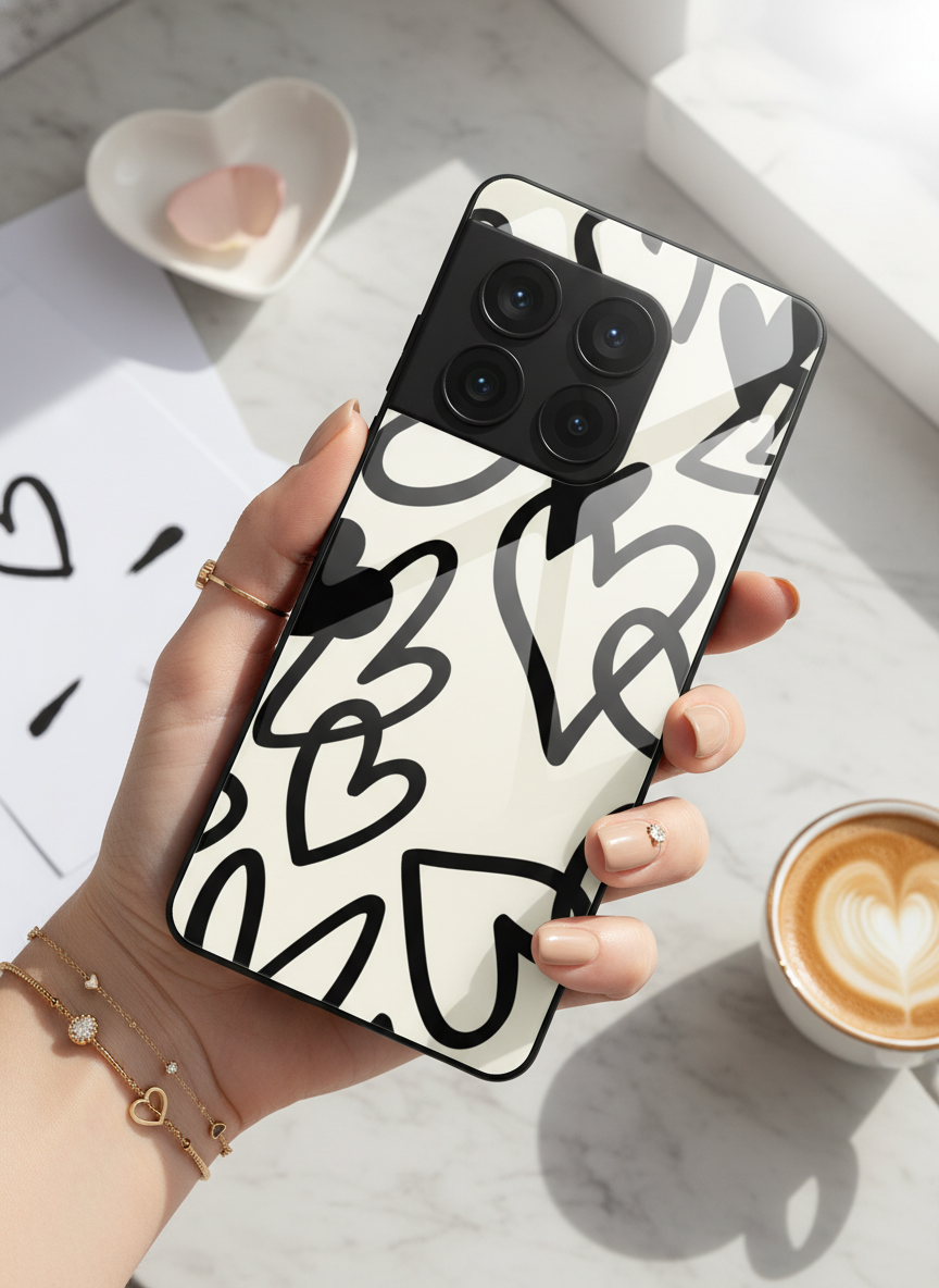 Black Hearts Premium Glass Back Cover For One Plus 13, 12, 11, 10 The Case & Co India