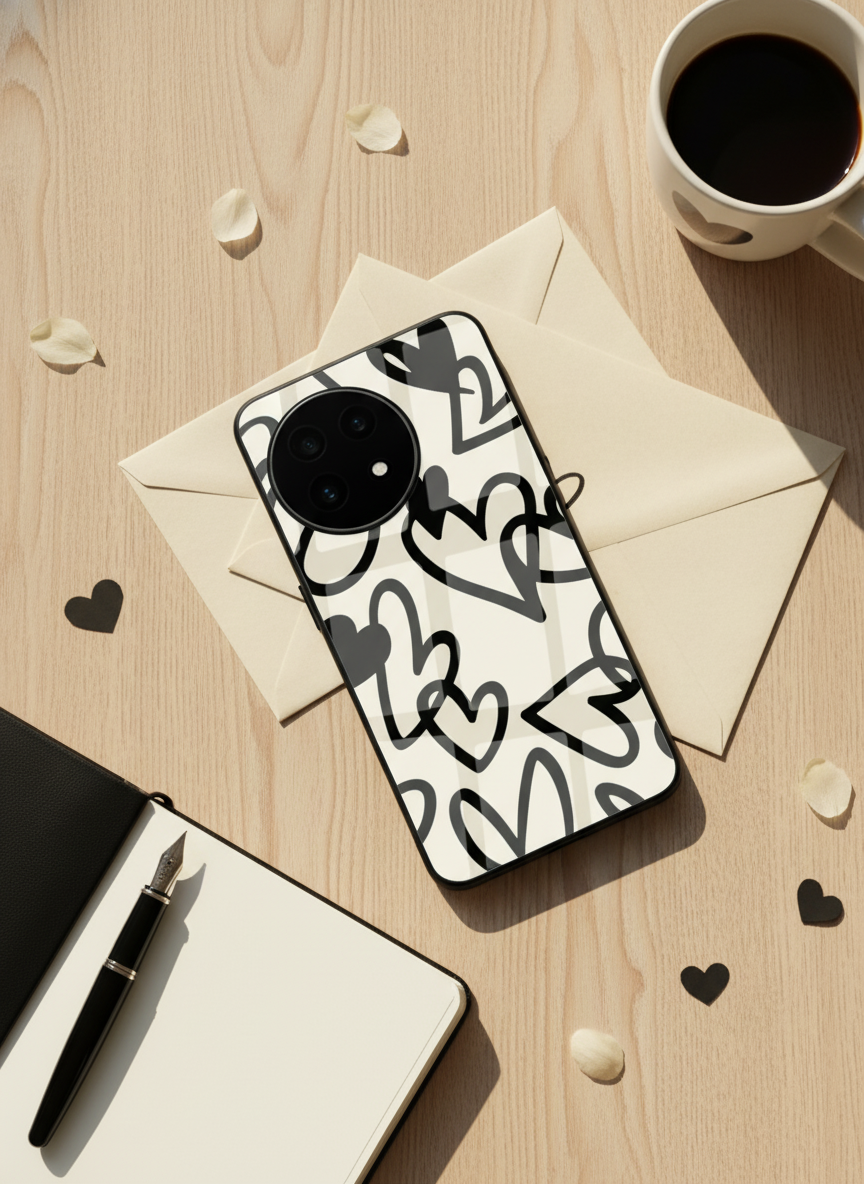 Black Hearts Premium Glass Back Cover For One Plus 13, 12, 11, 10 The Case & Co India