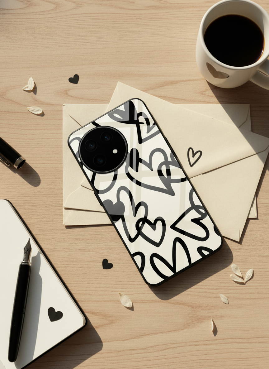 Black Hearts Premium Glass Back Cover For One Plus 13, 12, 11, 10 The Case & Co India