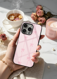 Bows Stripes Mono Frame Glass Back Cover For iPhone 14-17 Models