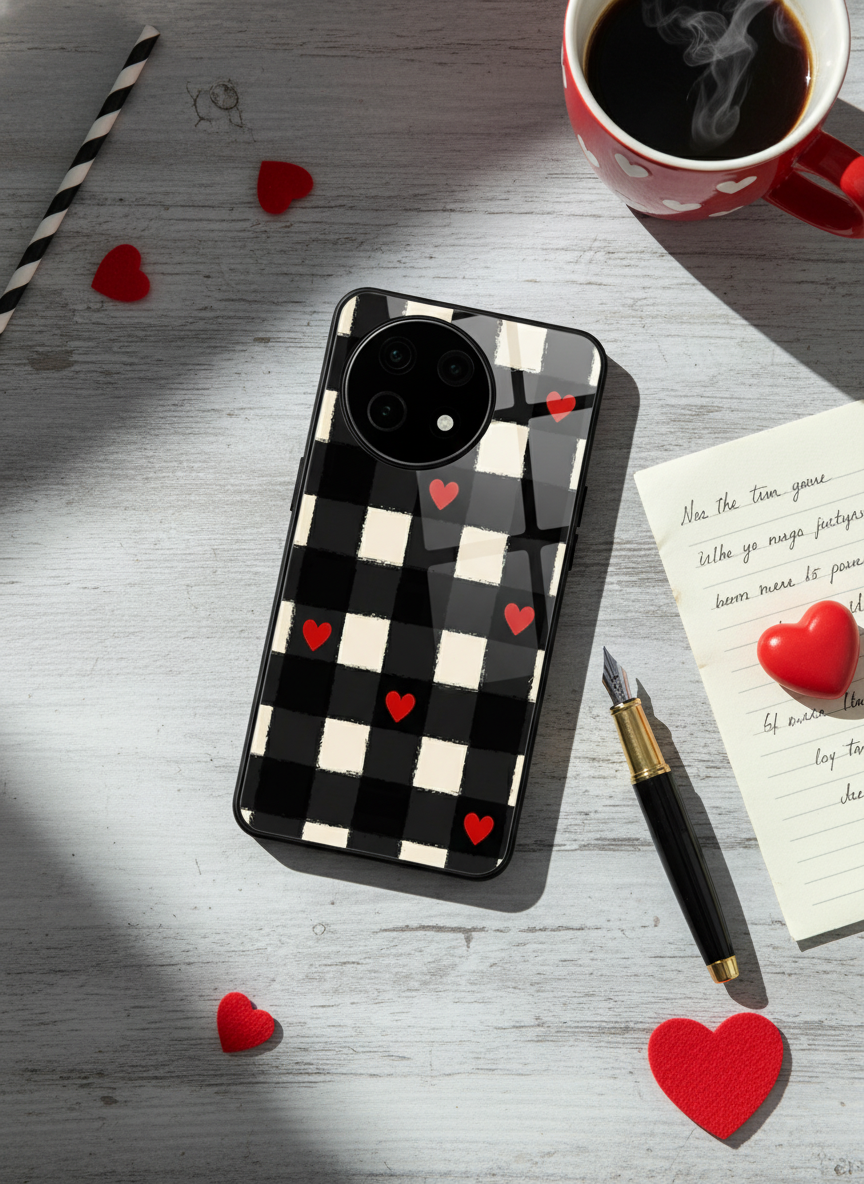 Checkered Hearts Glass Back Cover For One Plus 13, 12, 11, 10 The Case & Co India
