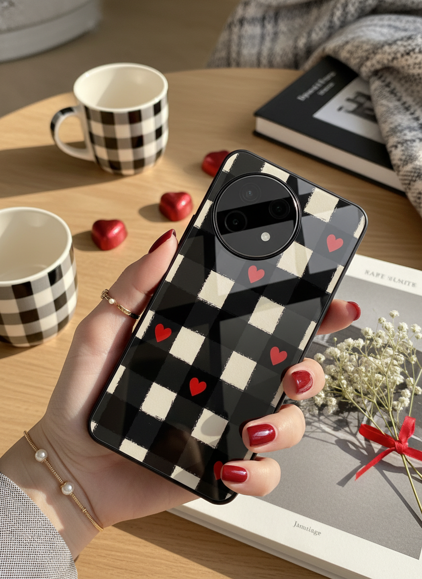 Checkered Hearts Glass Back Cover For One Plus 13, 12, 11, 10 The Case & Co India