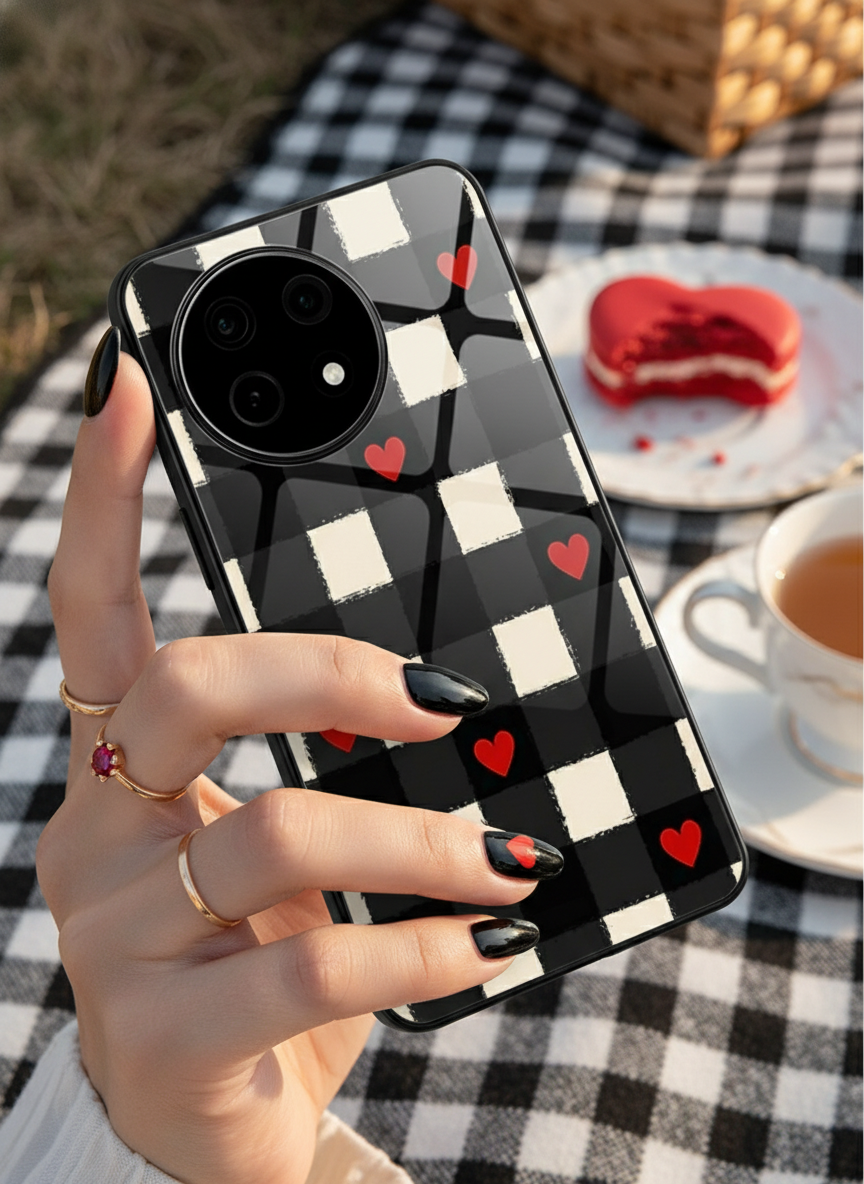 Checkered Hearts Glass Back Cover For One Plus 13, 12, 11, 10 The Case & Co India