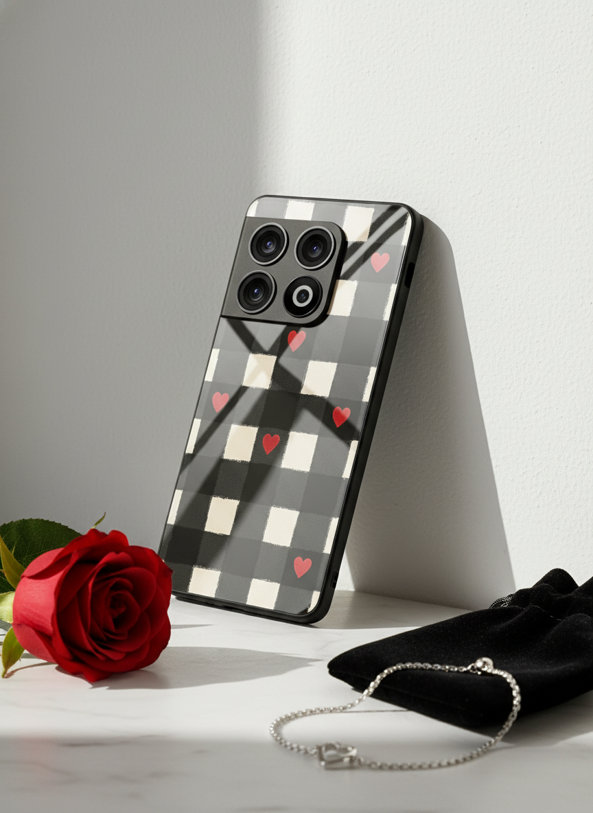 Checkered Hearts Glass Back Cover For One Plus 13, 12, 11, 10 The Case & Co India