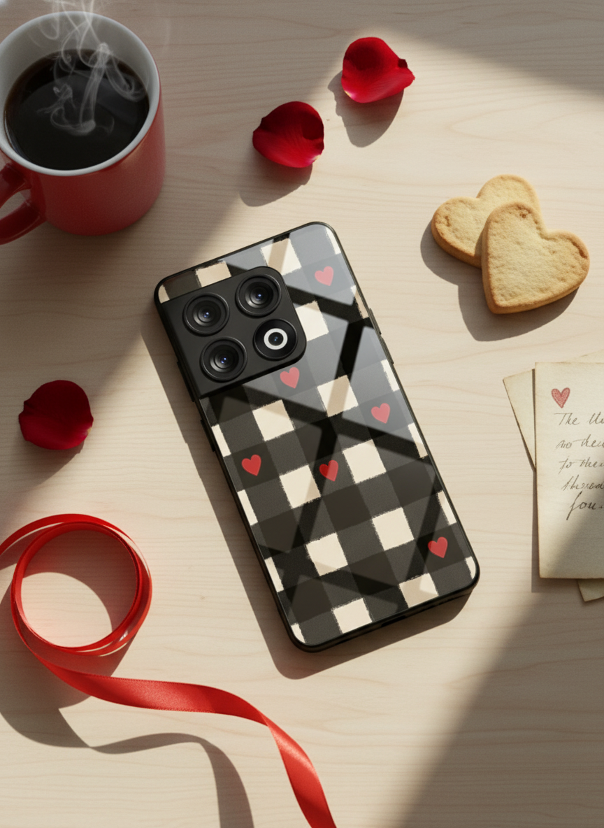 Checkered Hearts Glass Back Cover For One Plus 13, 12, 11, 10 The Case & Co India