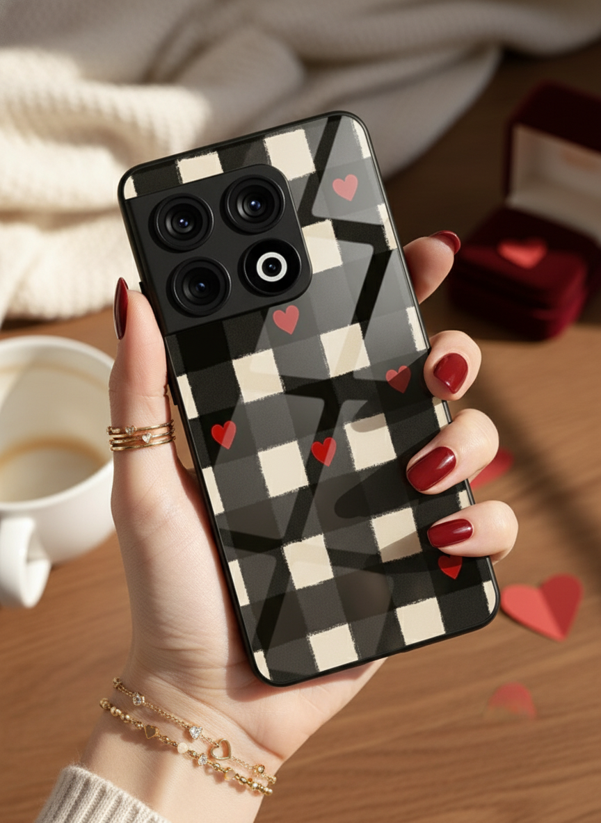 Checkered Hearts Glass Back Cover For One Plus 13, 12, 11, 10 The Case & Co India