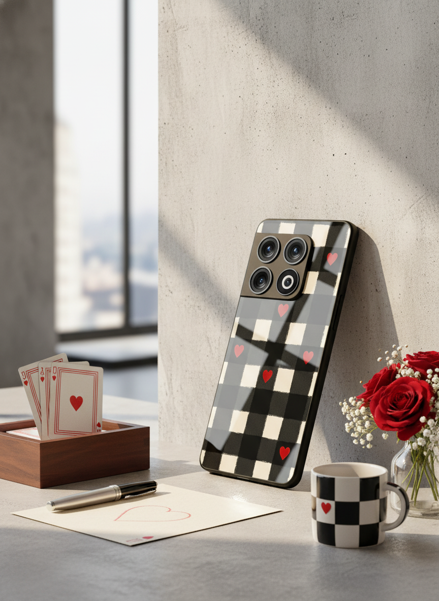 Checkered Hearts Glass Back Cover For One Plus 13, 12, 11, 10 The Case & Co India