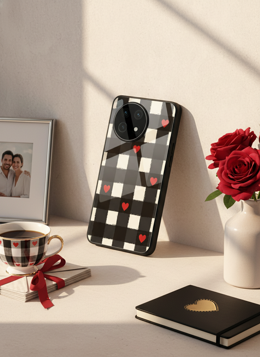 Checkered Hearts Glass Back Cover For One Plus 13, 12, 11, 10 The Case & Co India