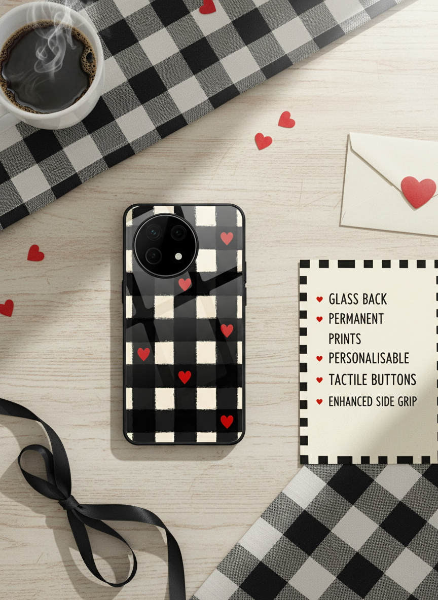 Checkered Hearts Glass Back Cover For One Plus 13, 12, 11, 10 The Case & Co India