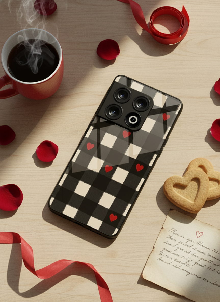 Checkered Hearts Glass Back Cover For One Plus 13, 12, 11, 10 The Case & Co India