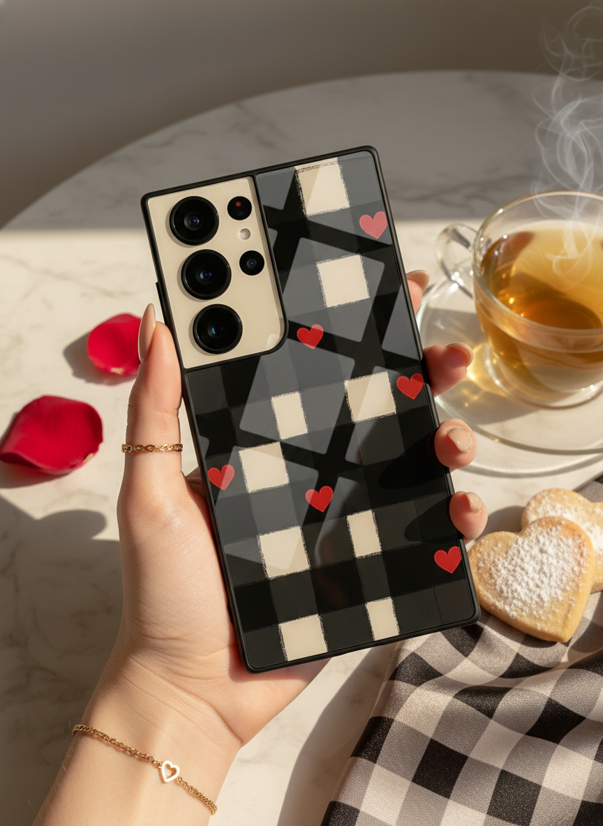Checkered Hearts Premium Glass Back Cover For Galaxy S Series The Case & Co India