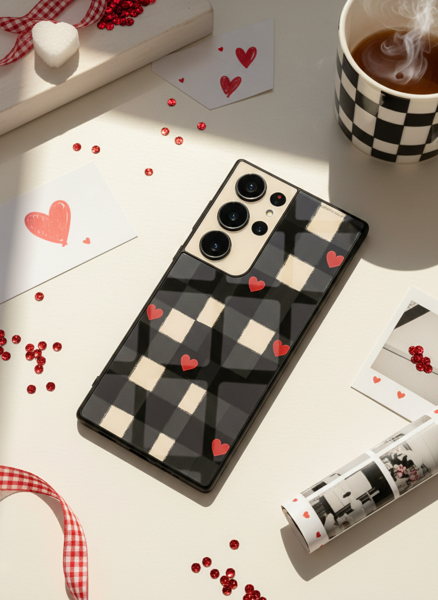 Checkered Hearts Premium Glass Back Cover For Galaxy S Series The Case & Co India