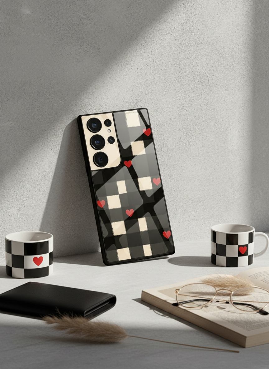 Checkered Hearts Premium Glass Back Cover For Galaxy S Series The Case & Co India