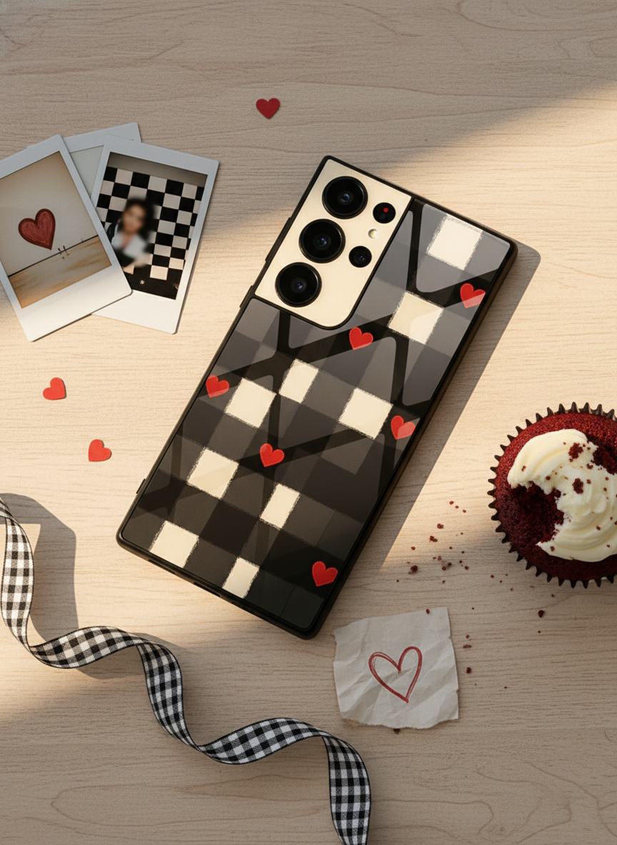 Checkered Hearts Premium Glass Back Cover For Galaxy S Series The Case & Co India