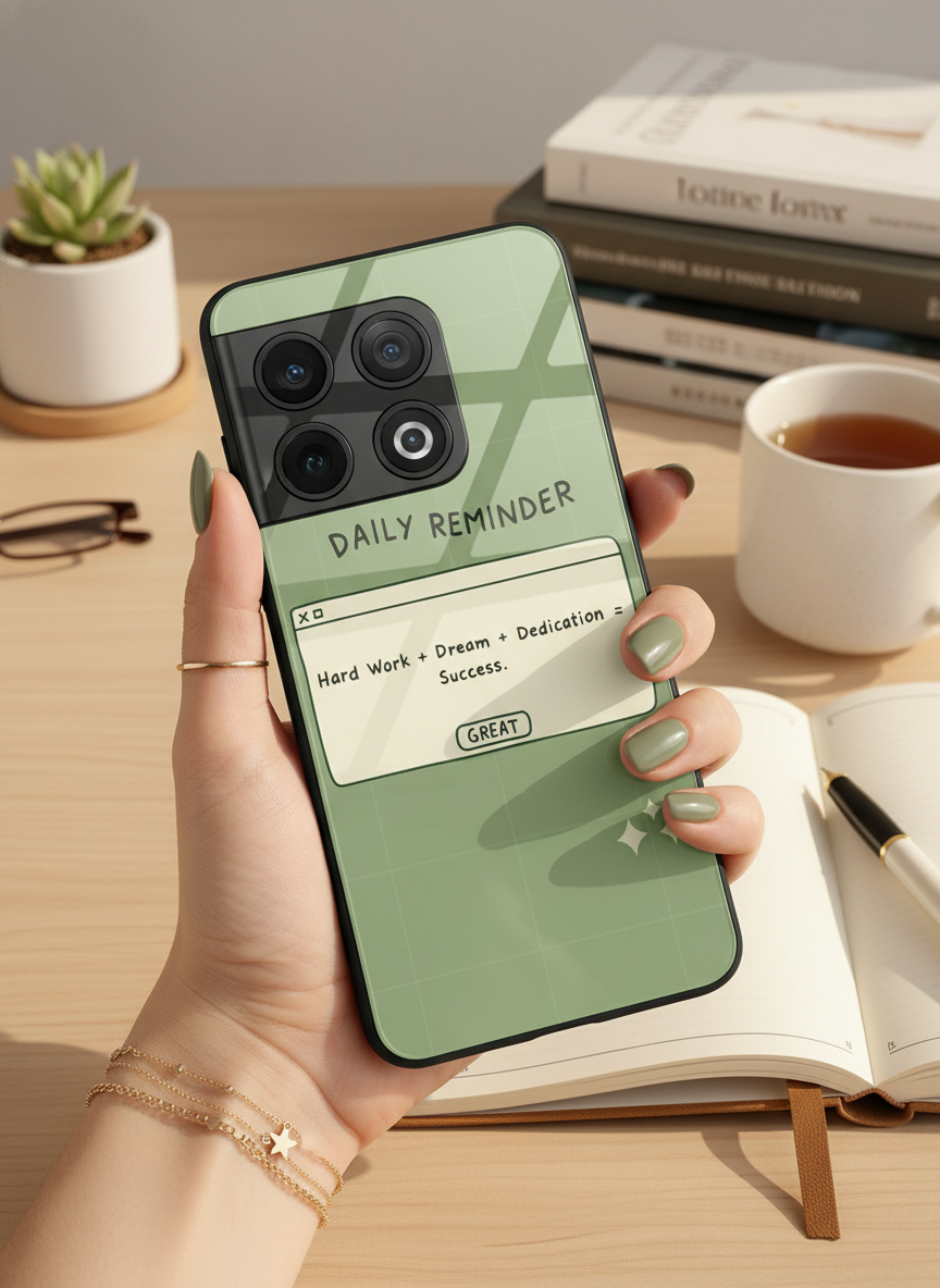 Daily Reminder-Sage Green Premium Glass Back Cover For One Plus 13, 12, 11, 10 The Case & Co India