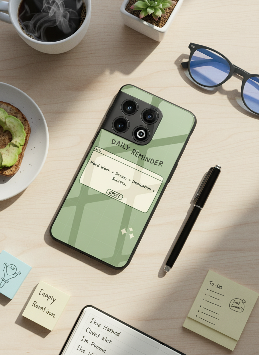 Daily Reminder-Sage Green Premium Glass Back Cover For One Plus 13, 12, 11, 10 The Case & Co India