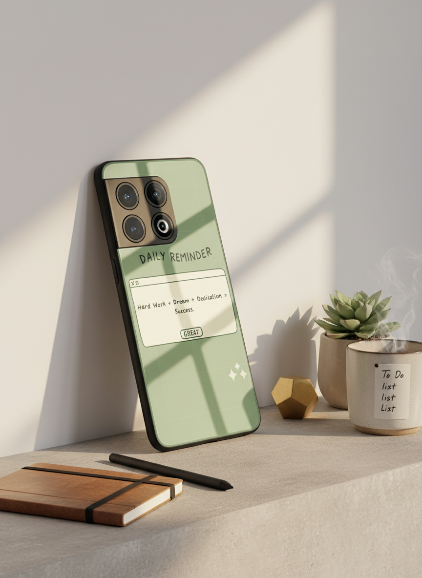 Daily Reminder-Sage Green Premium Glass Back Cover For One Plus 13, 12, 11, 10 The Case & Co India