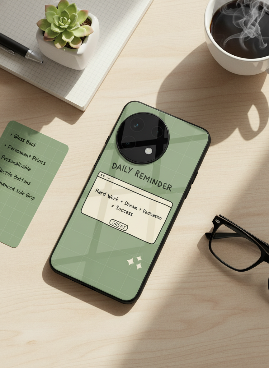 Daily Reminder-Sage Green Premium Glass Back Cover For One Plus 13, 12, 11, 10 The Case & Co India