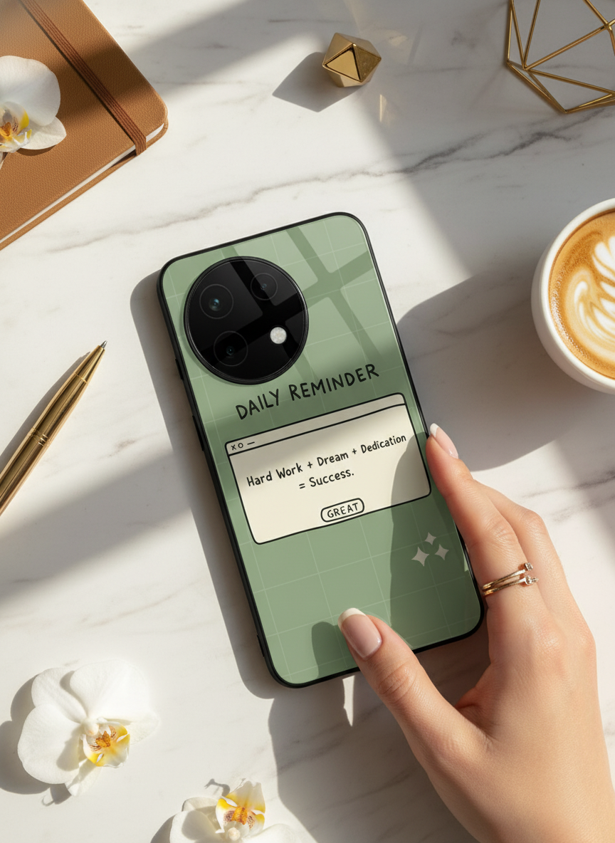 Daily Reminder-Sage Green Premium Glass Back Cover For One Plus 13, 12, 11, 10 The Case & Co India