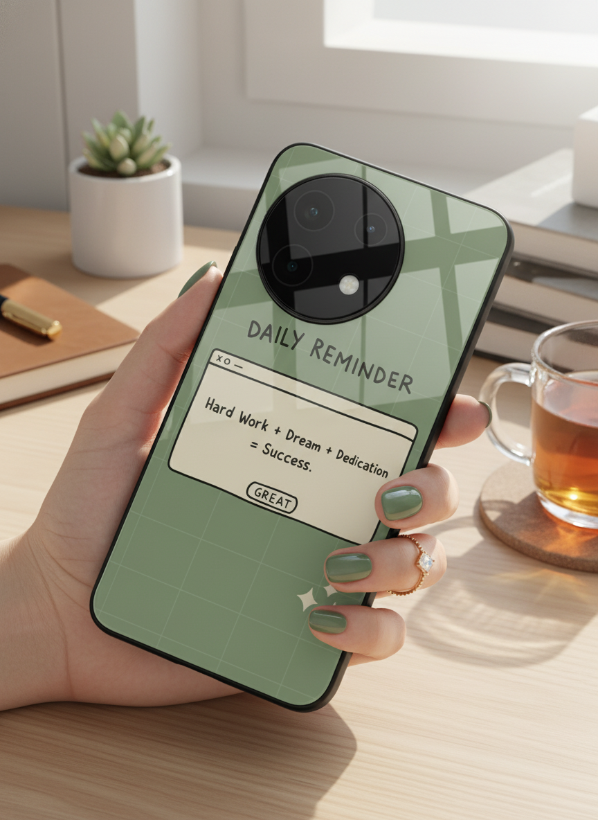 Daily Reminder-Sage Green Premium Glass Back Cover For One Plus 13, 12, 11, 10 The Case & Co India
