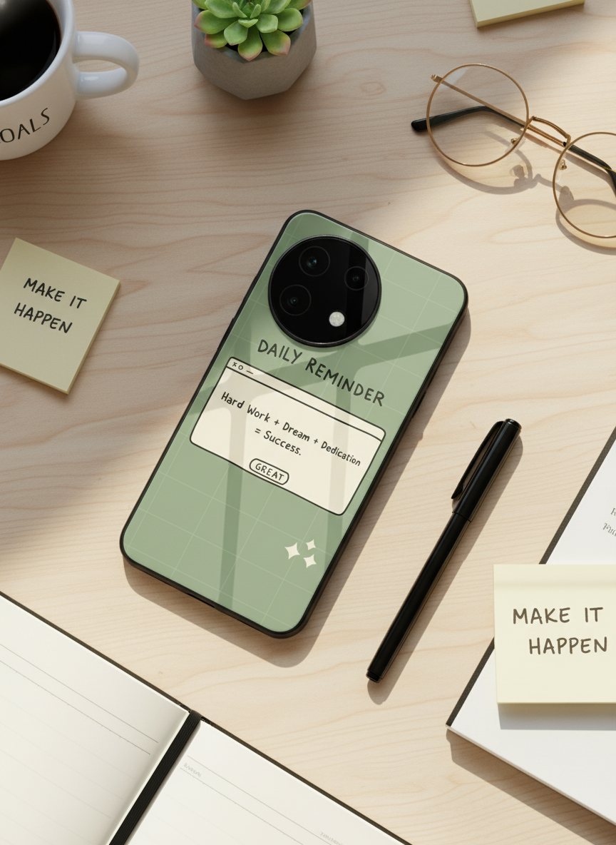 Daily Reminder-Sage Green Premium Glass Back Cover For One Plus 13, 12, 11, 10 The Case & Co India