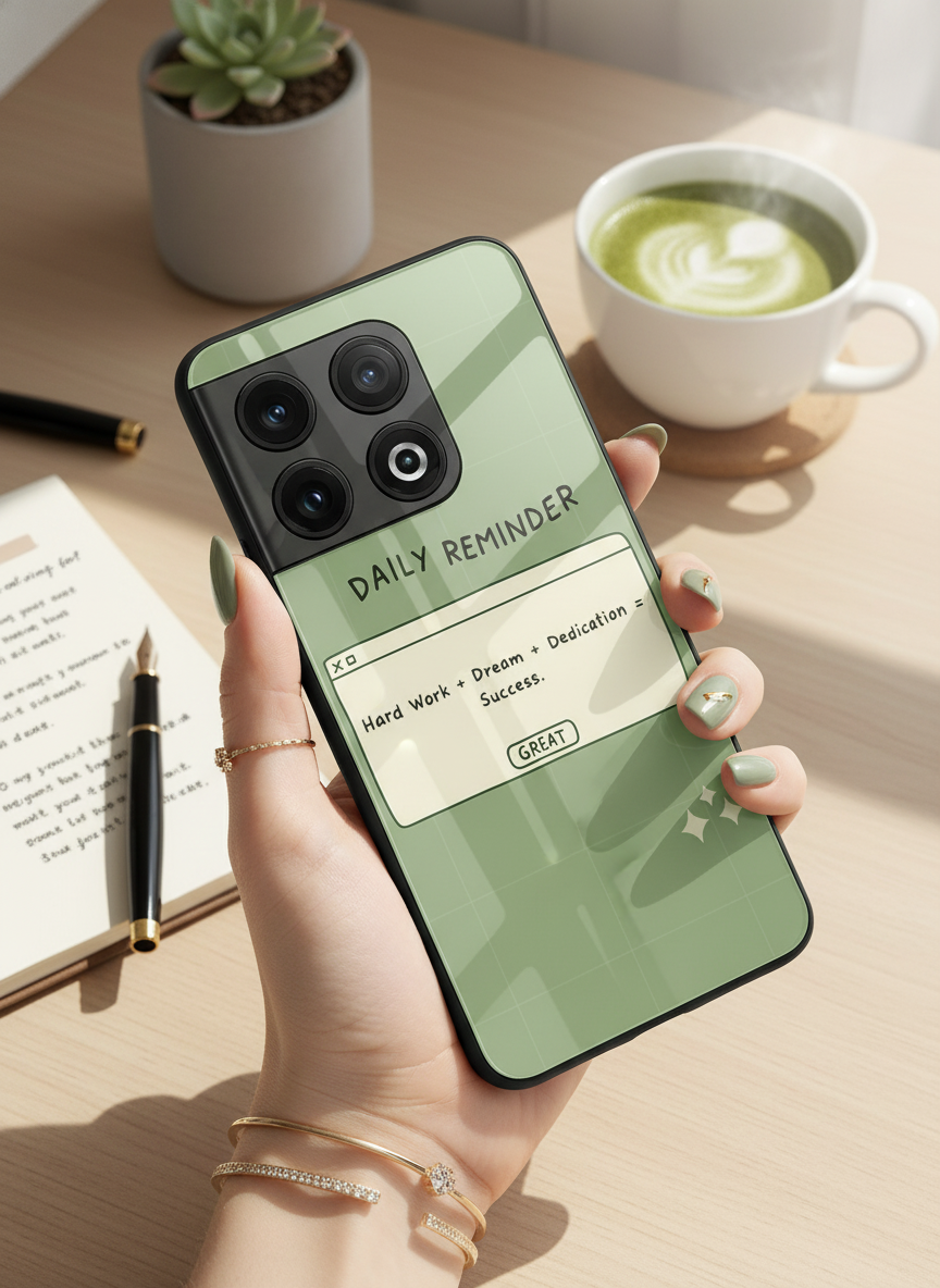 Daily Reminder-Sage Green Premium Glass Back Cover For One Plus 13, 12, 11, 10 The Case & Co India