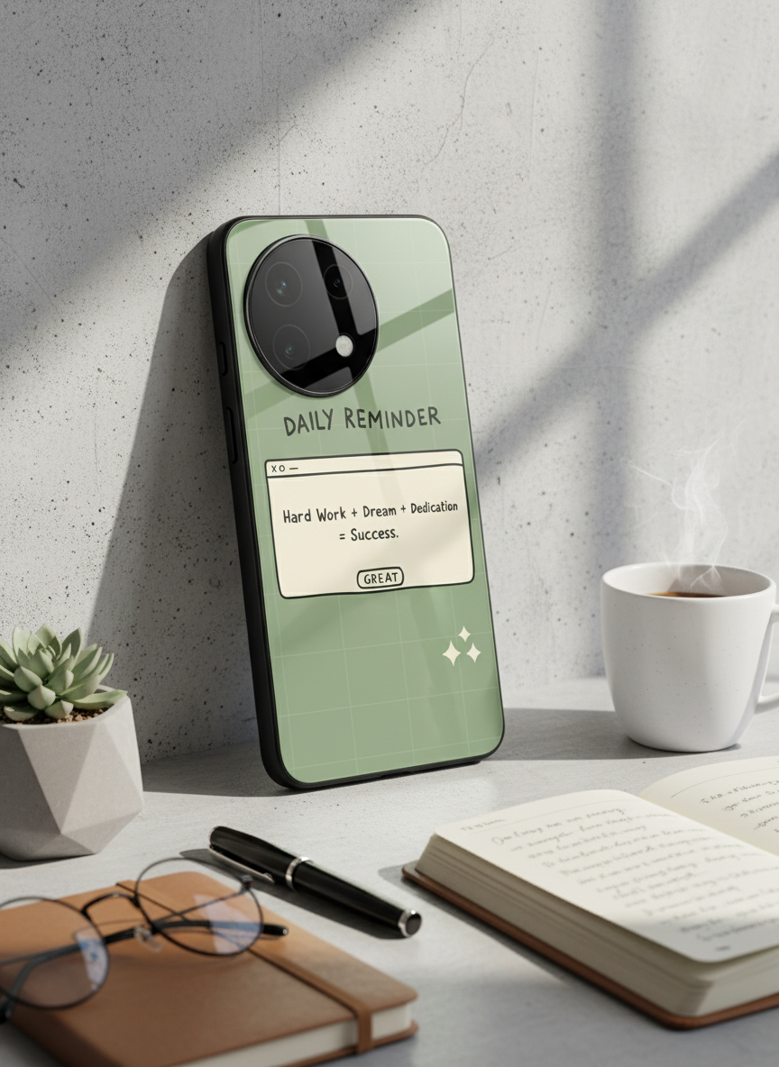 Daily Reminder-Sage Green Premium Glass Back Cover For One Plus 13, 12, 11, 10 The Case & Co India