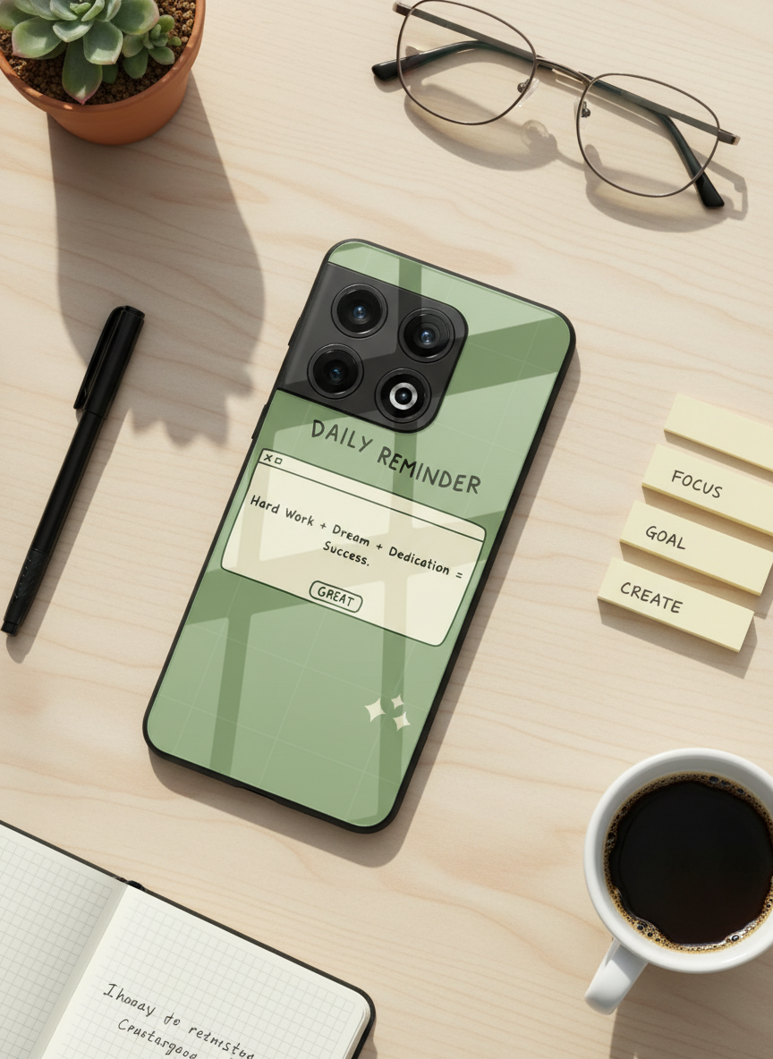 Daily Reminder-Sage Green Premium Glass Back Cover For One Plus 13, 12, 11, 10 The Case & Co India