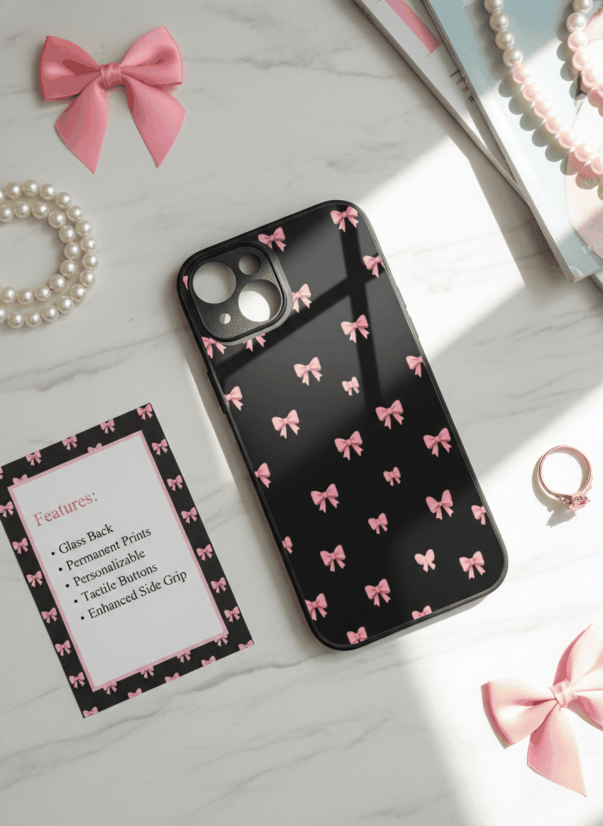 Dark Aesthetic Bows Premium Glass Back Cover For iPhone 11,12,13,14,15,16.17 Models The Case & Co