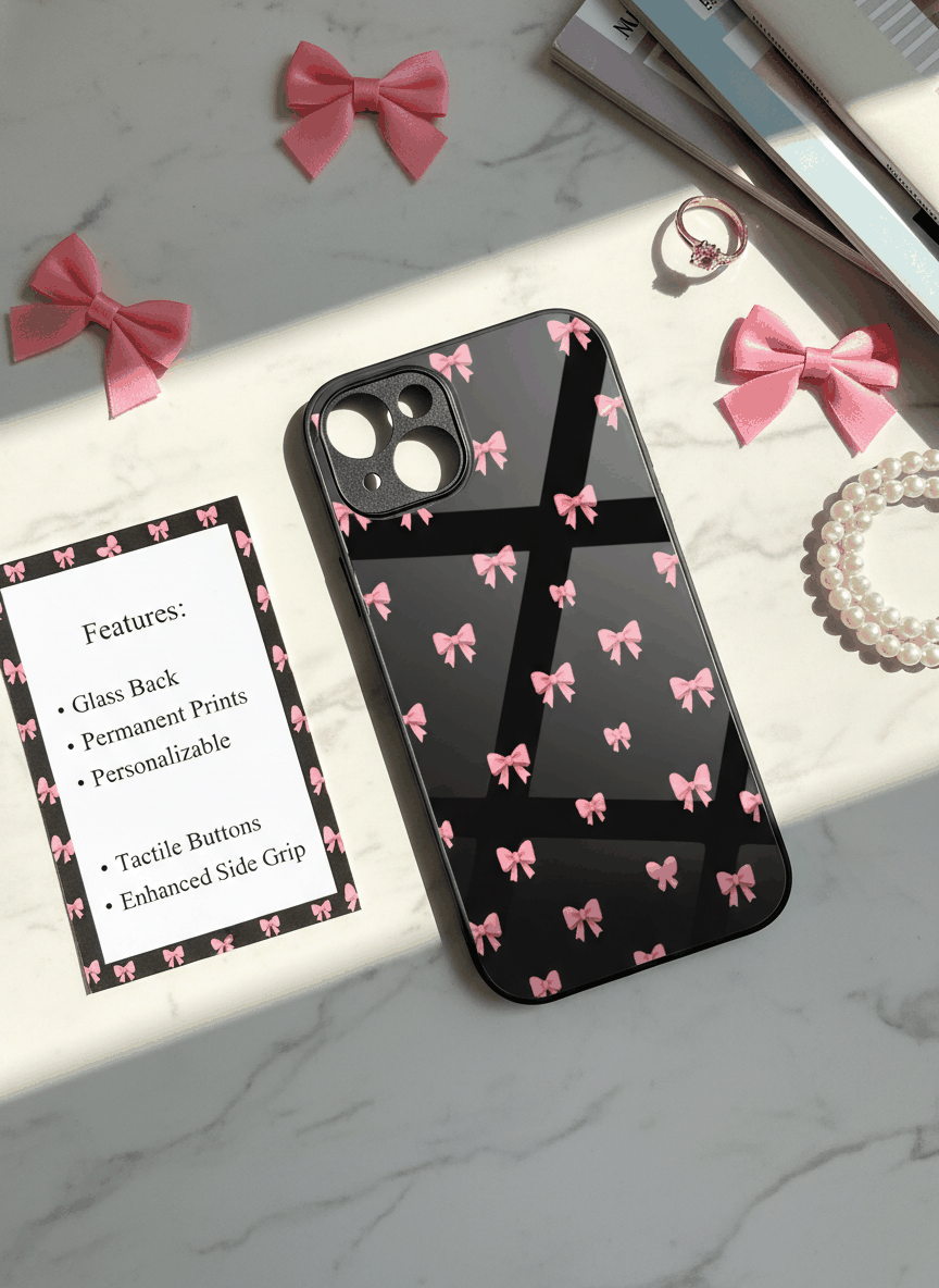 Dark Aesthetic Bows Premium Glass Back Cover For iPhone 11,12,13,14,15,16.17 Models The Case & Co