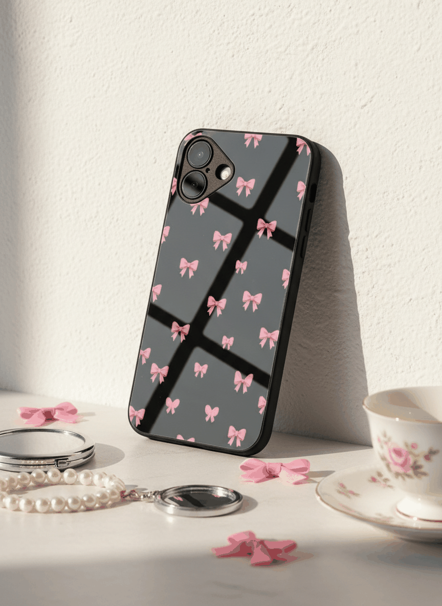 Dark Aesthetic Bows Premium Glass Back Cover For iPhone 11,12,13,14,15,16.17 Models The Case & Co